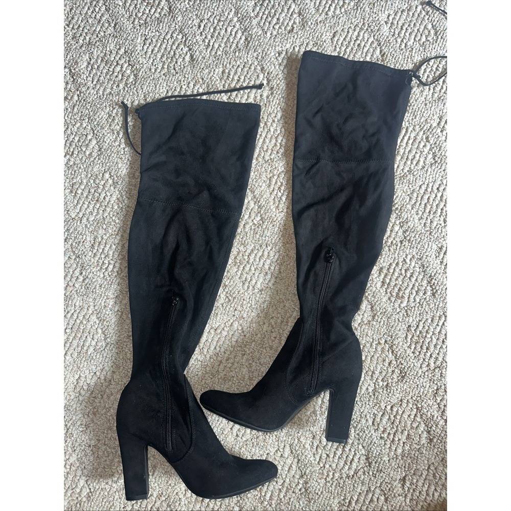 Womens Unisa Black Faux Suede Over-The-Knee Boots Side Zipper & Drawstring 8.5